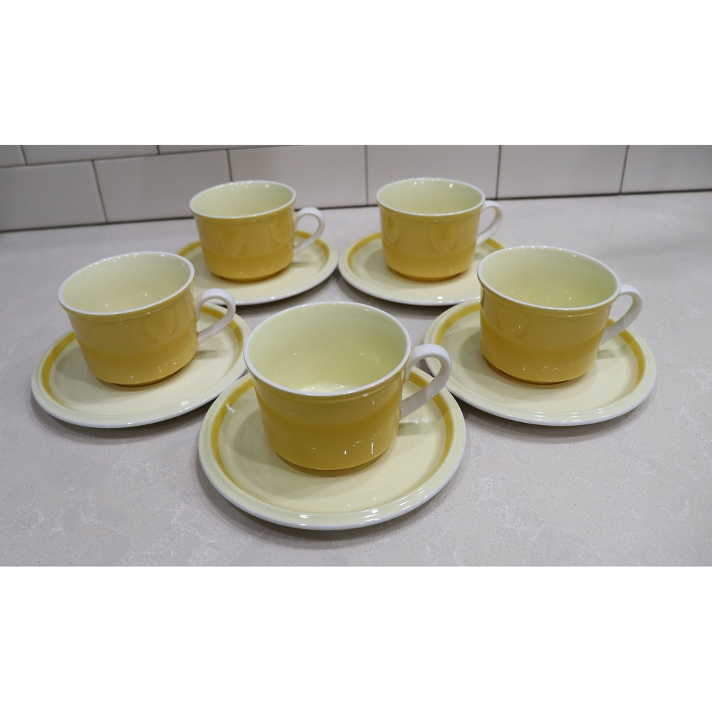 Mikasa C6300 Yellow Stoneware Cup and Saucer Set of 5 Japan Vintage Set of 5